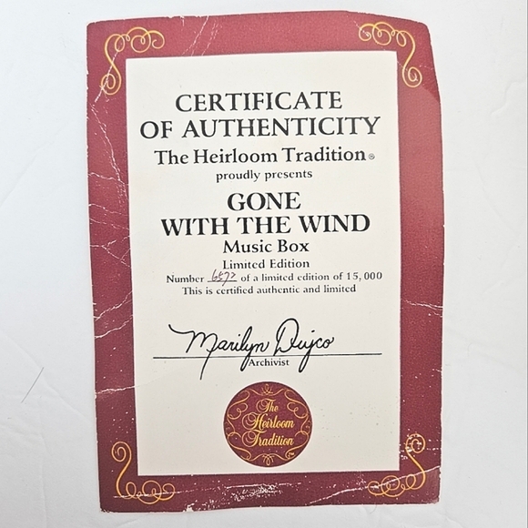 Heirloom Tradition Limited Edition 'Gone With the Wind' Music Box Collectible - Picture 9 of 14